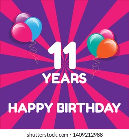 Happy Birthday greeting cards. 11 years - greeting cards and poster with balloon, confetti and gift box