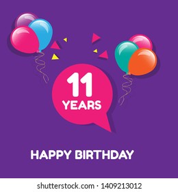 Happy Birthday greeting cards. 11 years - greeting cards and poster with balloon, confetti and gift box