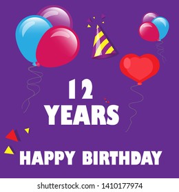 Happy Birthday greeting cards. 12 years - greeting cards and poster with balloon, confetti and gift box