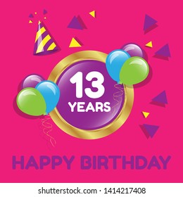 Happy Birthday greeting cards. 13 years - greeting cards and poster with balloon, confetti and gift box