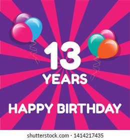 Happy Birthday greeting cards. 13 years - greeting cards and poster with balloon, confetti and gift box