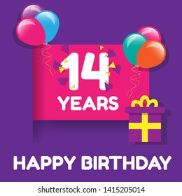 Happy Birthday greeting cards. 14 years - greeting cards and poster with balloon, confetti and gift box