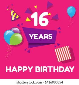 Happy Birthday greeting cards. 16 years - greeting cards and poster with balloon, confetti and gift box 