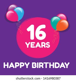 Happy Birthday greeting cards. 16 years - greeting cards and poster with balloon, confetti and gift box 