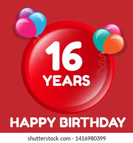 Happy Birthday greeting cards. 16 years - greeting cards and poster with balloon, confetti and gift box 