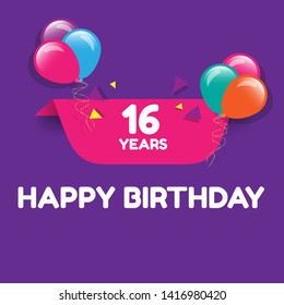 Happy Birthday greeting cards. 16 years - greeting cards and poster with balloon, confetti and gift box 