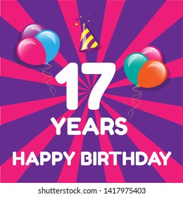 Happy Birthday greeting cards. 17 years - greeting cards and poster with balloon, confetti and gift box 