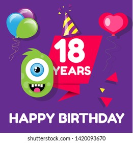 Happy Birthday greeting cards. 18 years - greeting cards and poster with balloon, confetti and gift box 