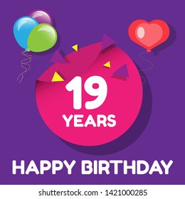 Happy Birthday greeting cards. 19 years - greeting cards and poster with balloon, confetti and gift box 