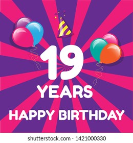 Happy Birthday greeting cards. 19 years - greeting cards and poster with balloon, confetti and gift box 