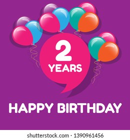 Happy Birthday greeting cards. 2 years - greeting cards and poster with balloon, confetti and gift box.