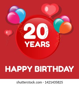 Happy Birthday greeting cards. 20 years - greeting cards and poster with balloon, confetti and gift box 