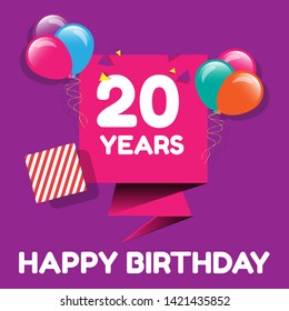 Happy Birthday greeting cards. 20 years - greeting cards and poster with balloon, confetti and gift box 