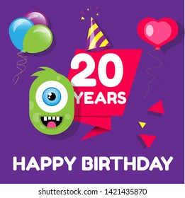 Happy Birthday greeting cards. 20 years - greeting cards and poster with balloon, confetti and gift box 