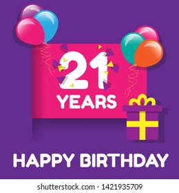Happy Birthday greeting cards. 21 years - greeting cards and poster with balloon, confetti and gift box 