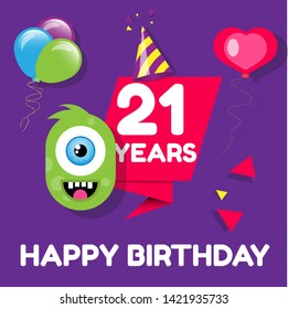 Happy Birthday greeting cards. 21 years - greeting cards and poster with balloon, confetti and gift box 