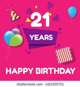 Happy Birthday greeting cards. 21 years - greeting cards and poster with balloon, confetti and gift box 