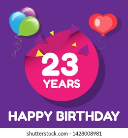 Happy Birthday greeting cards. 23 years - greeting cards and poster with balloon, confetti and gift box