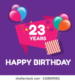 Happy Birthday greeting cards. 23 years - greeting cards and poster with balloon, confetti and gift box