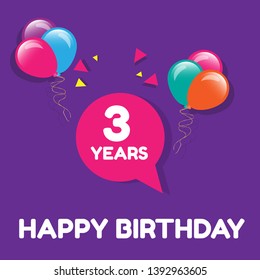 Happy Birthday greeting cards. 3 years - greeting cards and poster with balloon, confetti and gift box.