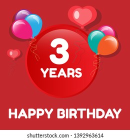 Happy Birthday greeting cards. 3 years - greeting cards and poster with balloon, confetti and gift box.