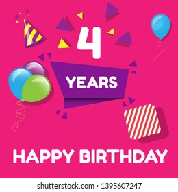 Happy Birthday greeting cards. 4 years - greeting cards and poster with balloon, confetti and gift box. 