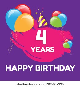 Happy Birthday greeting cards. 4 years - greeting cards and poster with balloon, confetti and gift box. 