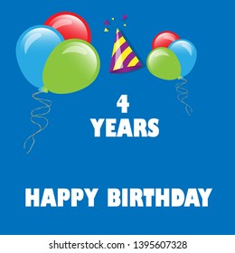 Happy Birthday greeting cards. 4 years - greeting cards and poster with balloon, confetti and gift box. 