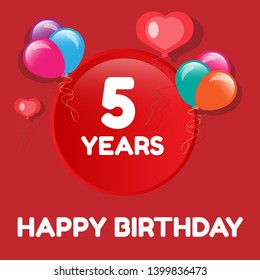 Happy Birthday greeting cards. 5 years - greeting cards and poster with balloon, confetti and gift box. 