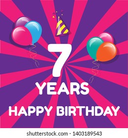 Happy Birthday greeting cards. 7 years - greeting cards and poster with balloon, confetti and gift box