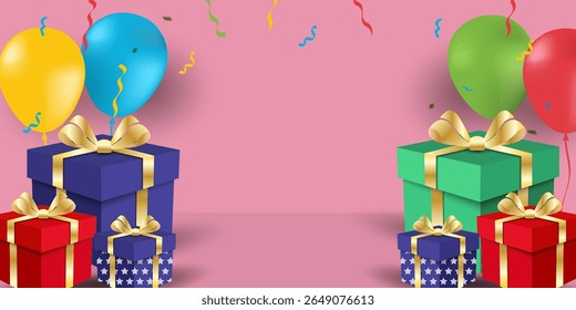 Happy birthday greeting cards or banner with cute balloons and gift box, colorful confetti and typography design. Birthday party vector for card, invitation, poster, sticker, prints with copy space.