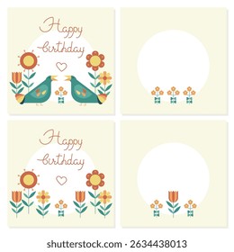 Happy Birthday Greeting Cards with Birds and Flowers