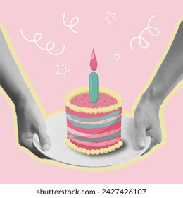 Tarjetas de felicitación de feliz cumpleaños. Pastel y manos de collage de medio tono. Vector de banner de vacaciones