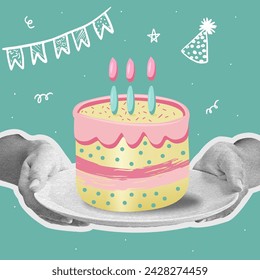 Happy birthday greeting cards. Cake and halftone collage hands. Vector holiday banner