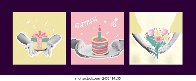 Happy birthday greeting cards. Cake, gift, flowers and halftone collage hands. Vector holiday banner