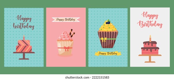 Happy birthday greeting cards with cakes and cupcakes. Holiday vector design illustrations