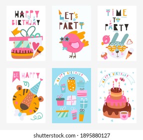 Happy birthday greeting cards collection. Birthday elements, tiger, bird, hare, lettering. Vector illustration for celebration.