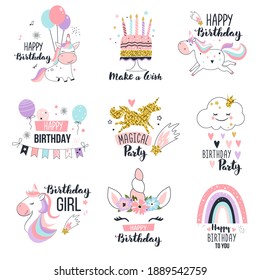 Happy birthday greeting cards with cute unicorns. Hand drawn vector illustration.