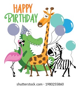 Happy Birthday- Birthday greeting cards with cute animals. Vector illustration.