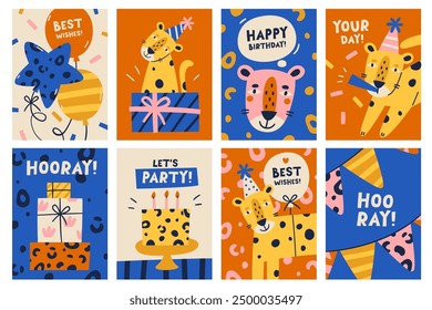 Happy birthday greeting cards with cute leopard animal and holiday event accessory cartoon design set. Funny jungle cheetah spotted print decoration for postcards collection vector illustration