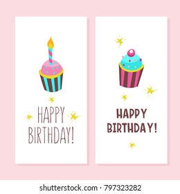 Happy birthday. Greeting cards. Cute cakes with candles. Vector clipart.