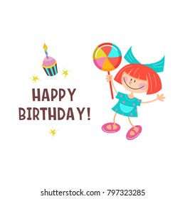 Happy birthday. Greeting cards. Cute girls having fun and delicious cakes with candles. Vector clipart.