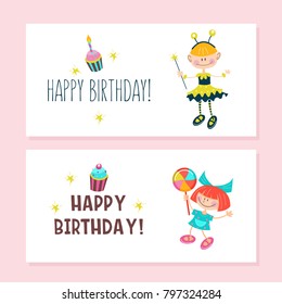 Happy birthday. Greeting cards. Cute girls having fun and delicious cakes with candles. Vector clipart.
