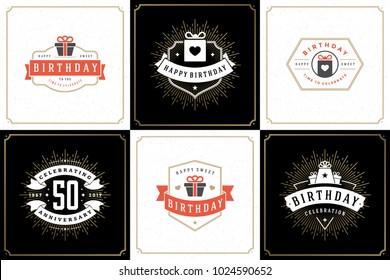 Happy birthday greeting cards design vector templates set. Vintage typographic birthday badges or labels with wish message and decoration elements on vintage texture backgrounds.
