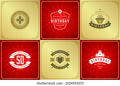 Happy birthday greeting cards design vector templates set. Vintage typographic birthday badges or labels with wish message and decoration elements on golden texture and red rays backgrounds.