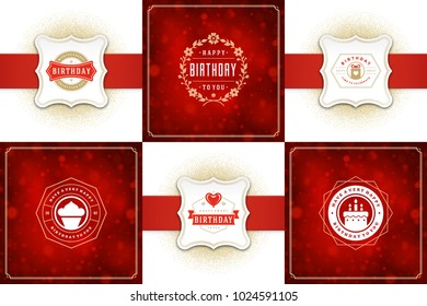 Happy birthday greeting cards design vector templates set. Vintage typographic birthday badges or labels with wish message and decoration elements on golden confetti and bokeh backgrounds. 