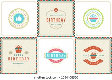 Happy birthday greeting cards design vector templates set. Vintage typographic birthday badges or labels with wish message and decoration elements on vintage texture backgrounds.