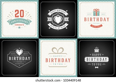Happy birthday greeting cards design vector templates set. Vintage typographic birthday badges or labels with wish message and decoration elements on vintage texture backgrounds.