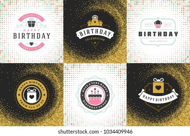 Happy birthday greeting cards design vector templates set. Vintage typographic birthday badges or labels with wish message and decoration elements on vintage texture backgrounds.