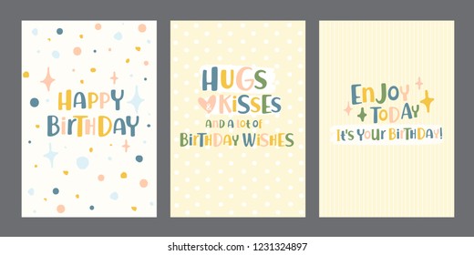 Happy birthday greeting cards. Designs for prints, birthday, party invitations, posters, cards, etc. Vector. Isolated.